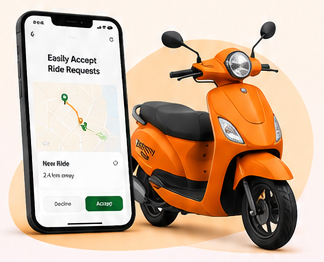 Scooty Taxi driver app showing a new ride request on a phone beside an orange scooter